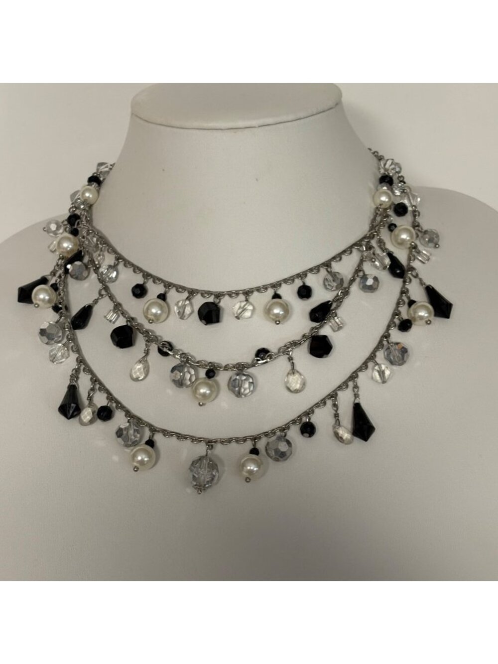 White House Black Market Layered Faux Pearl Black Clear Beads Statement Necklace